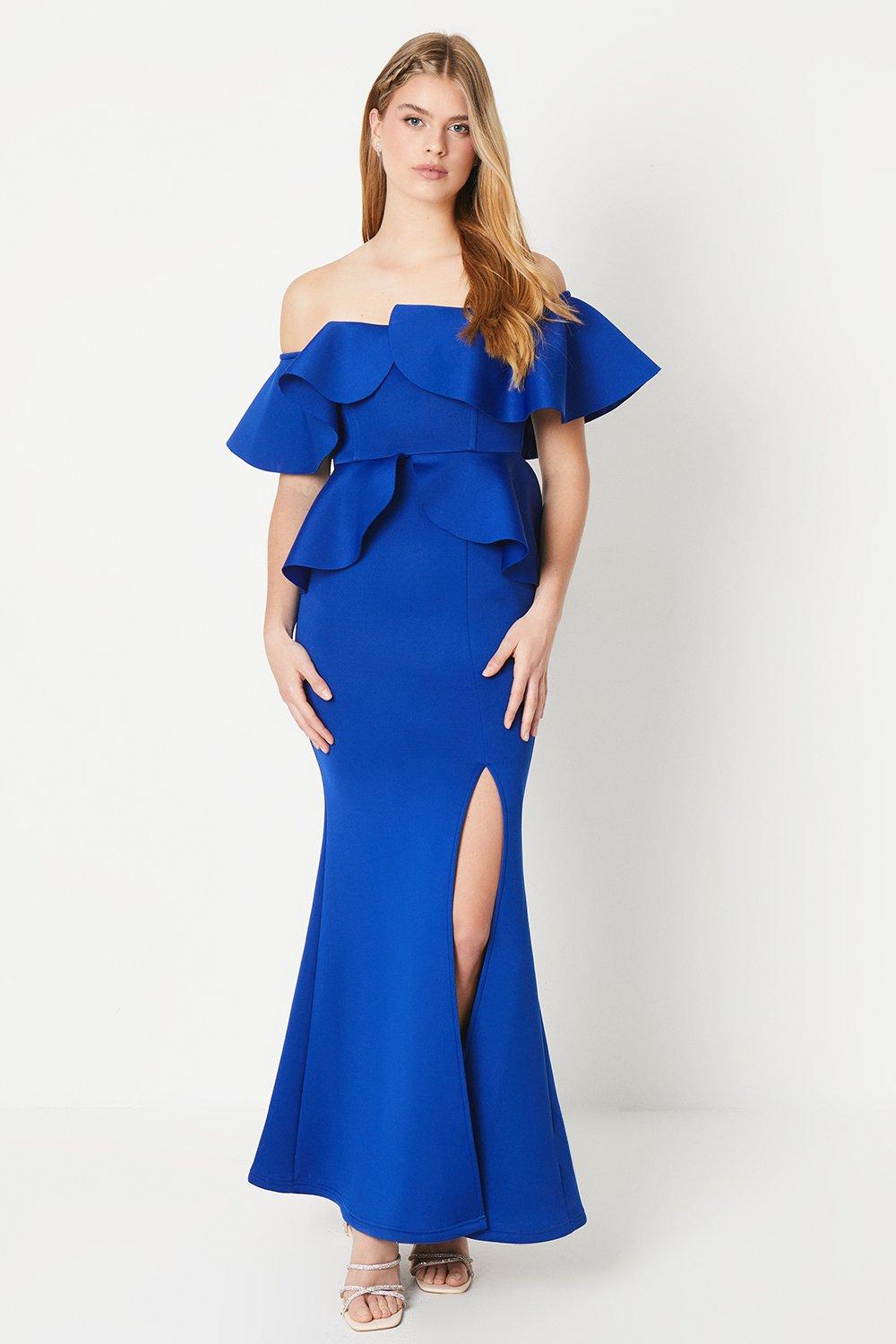 Scuba Ruffle Bardot Gown - Blue