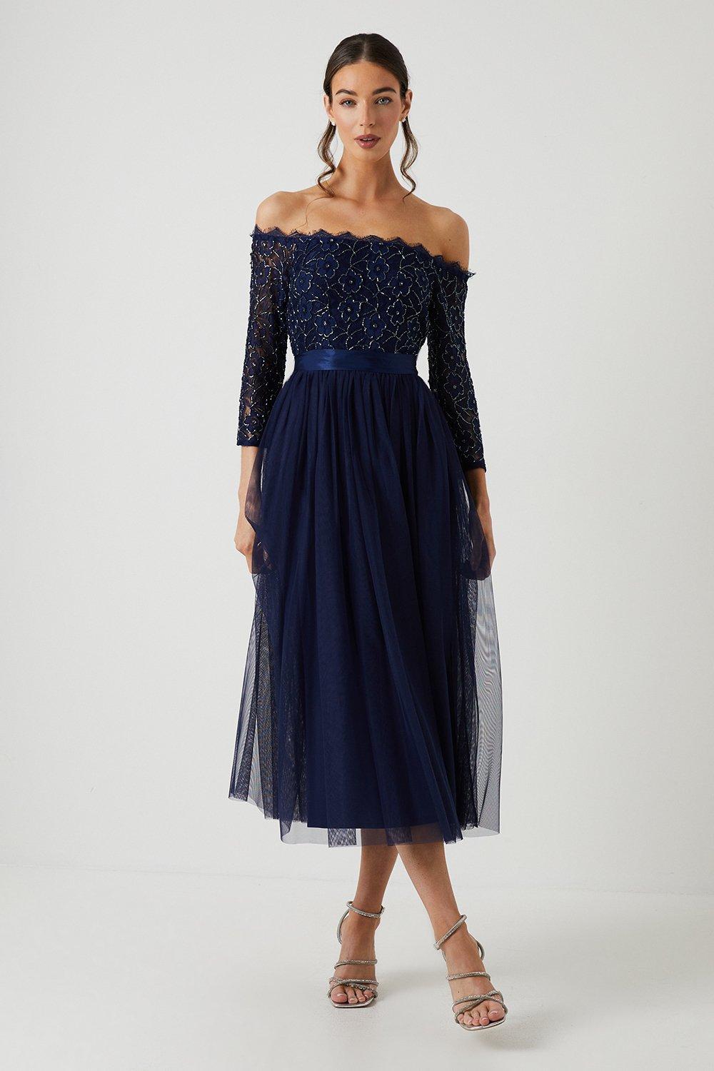 Embellished Lace Two In One Bardot Bridesmaids Dress - Navy