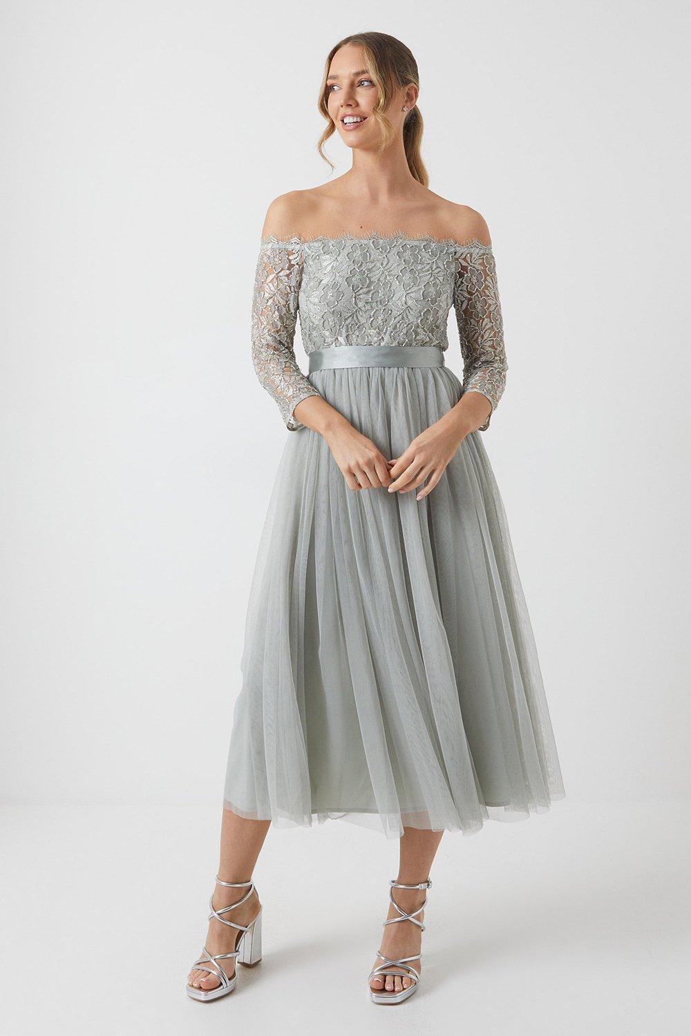 Embellished Lace Two In One Bardot Bridesmaids Dress - Sage