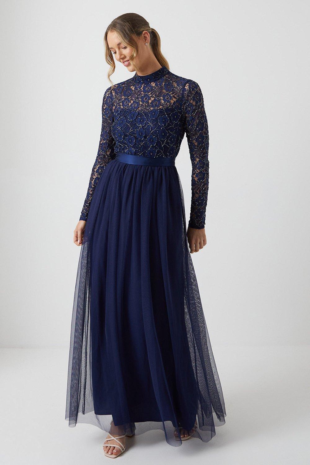 Embellished Lace Two In One Bridesmaids Dress - Navy