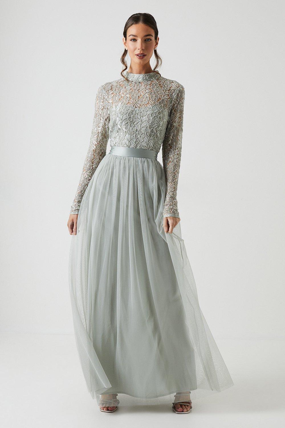 Embellished Lace Two In One Bridesmaids Dress - Sage