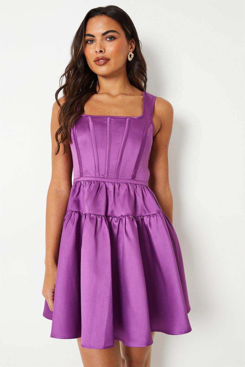 Twill Mini Dress With Square Neck - Purple