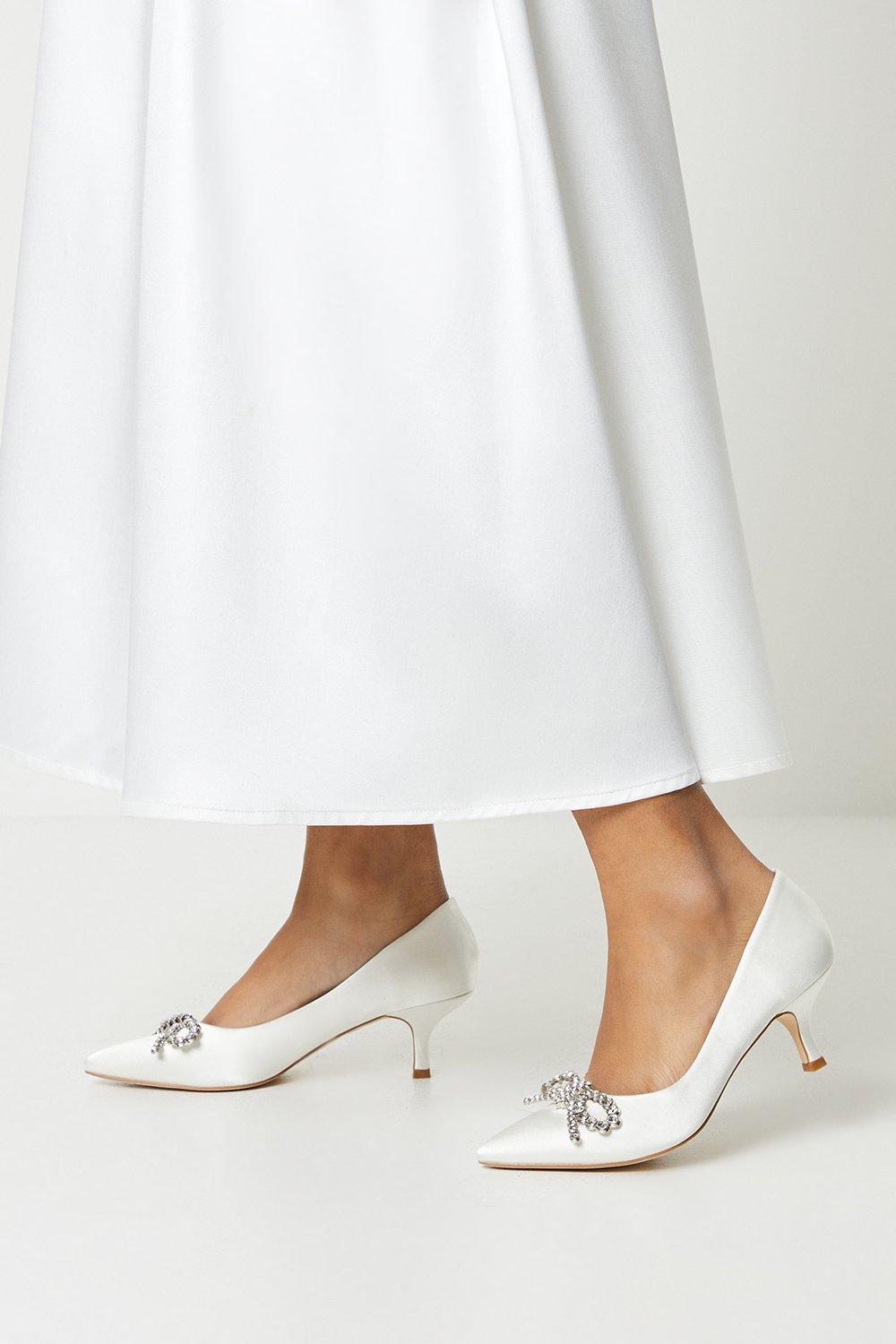 Tess Bridal Diamante Brooch Detail Kitten Heel Court Shoes - White