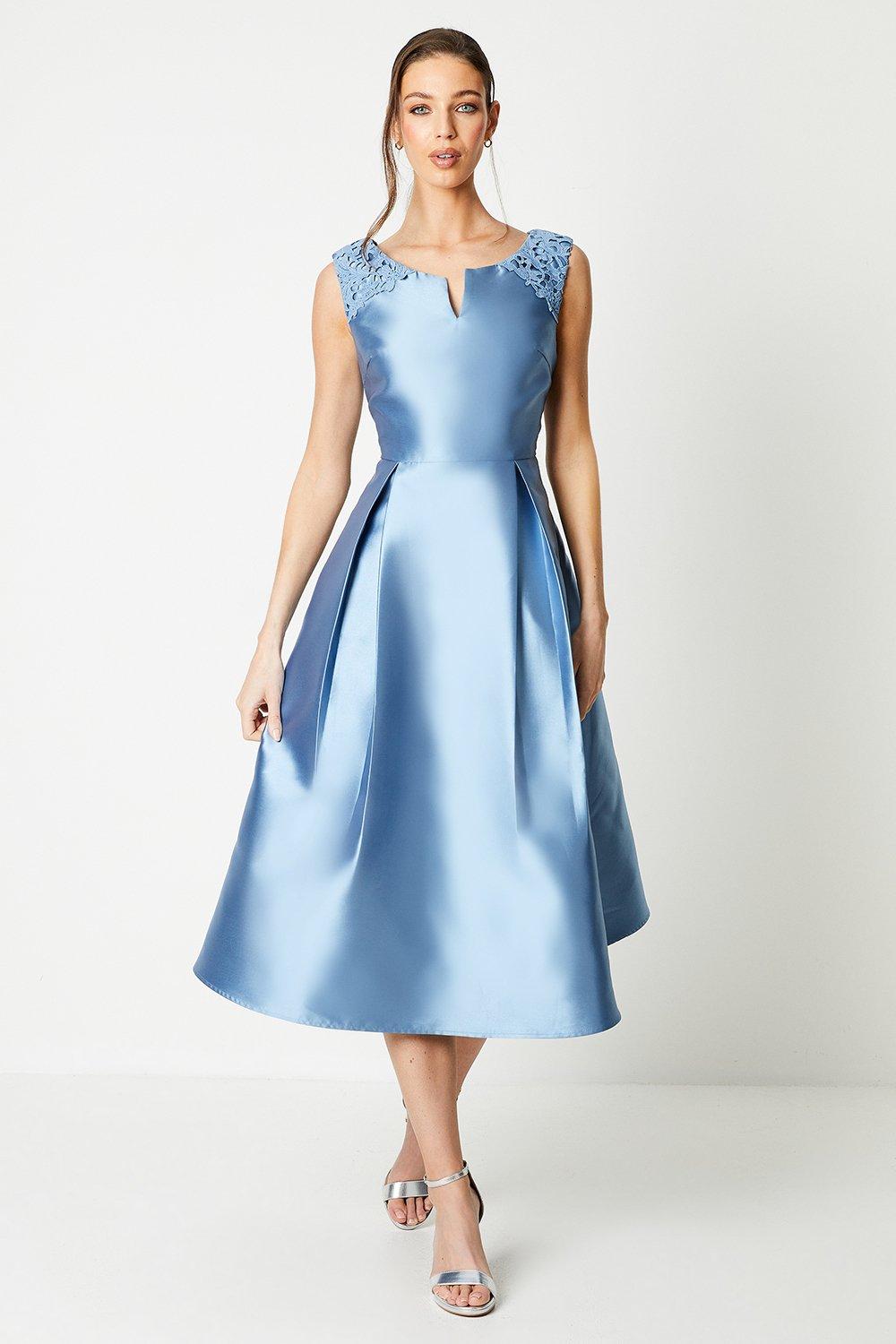 Twill Dress With Lace Trim - Blue