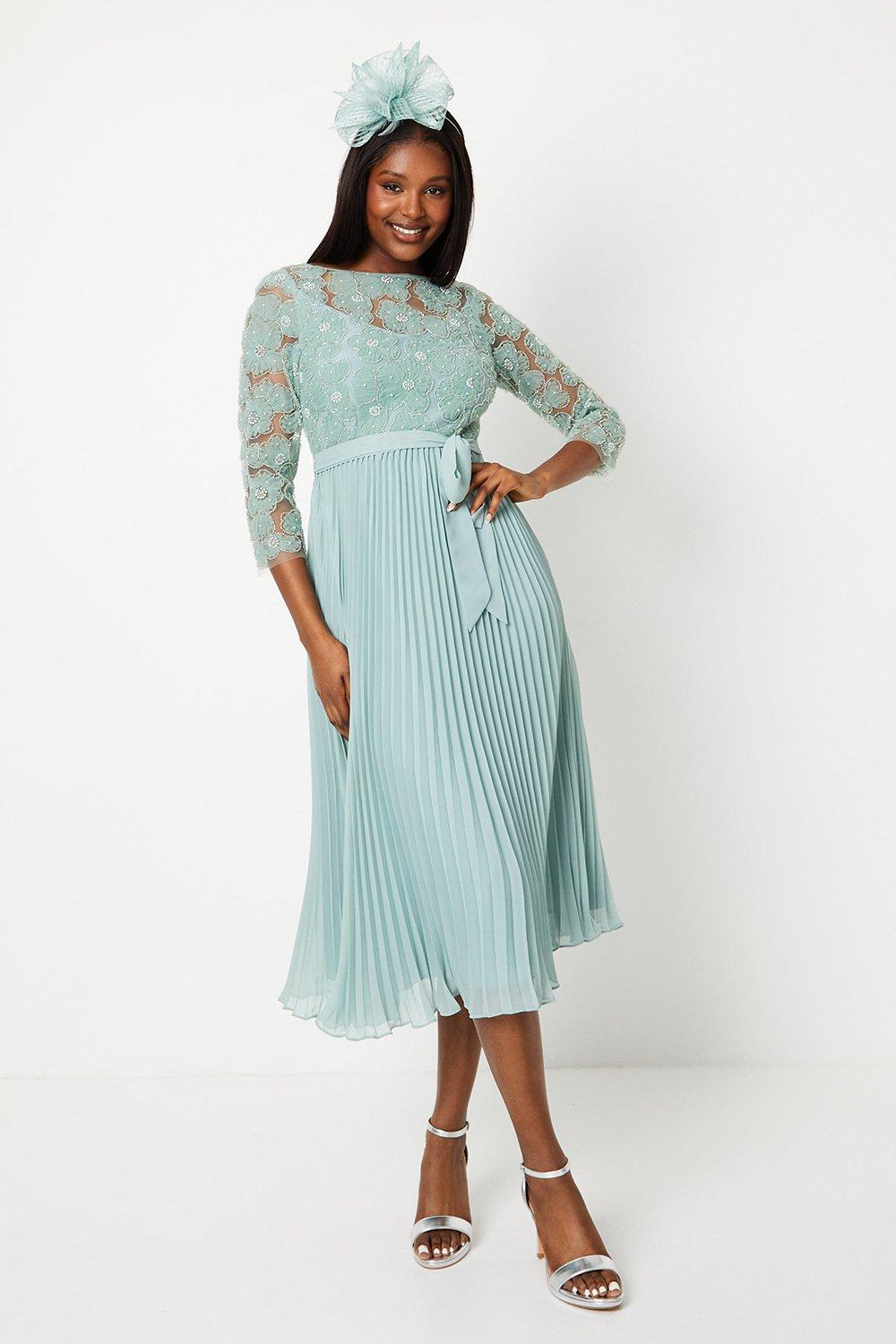 Embellished Bodice Pleated Skirt Midi Dress - Sage