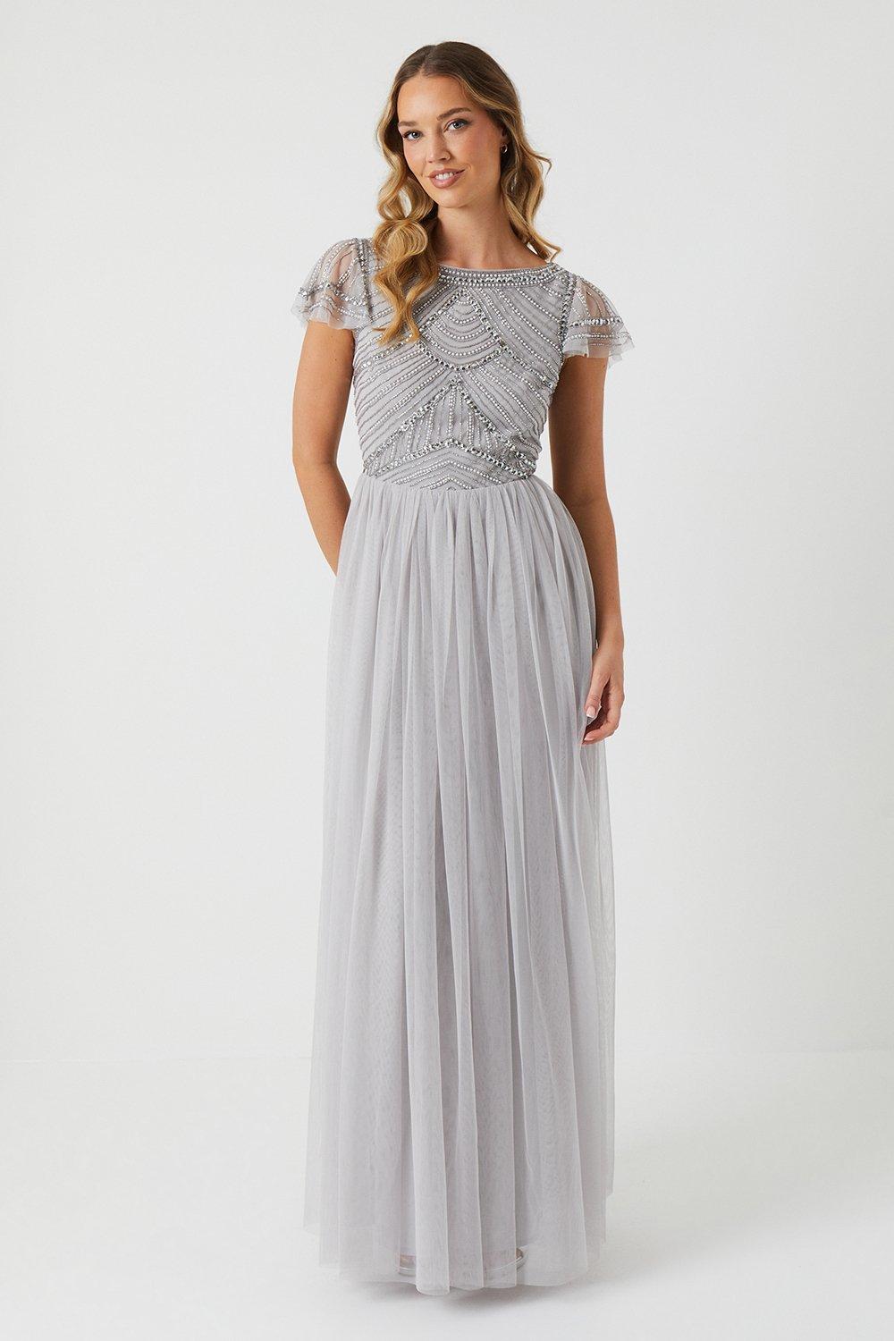 Embellished Short Sleeve Maxi Bridesmaid Dress - Grey Mist