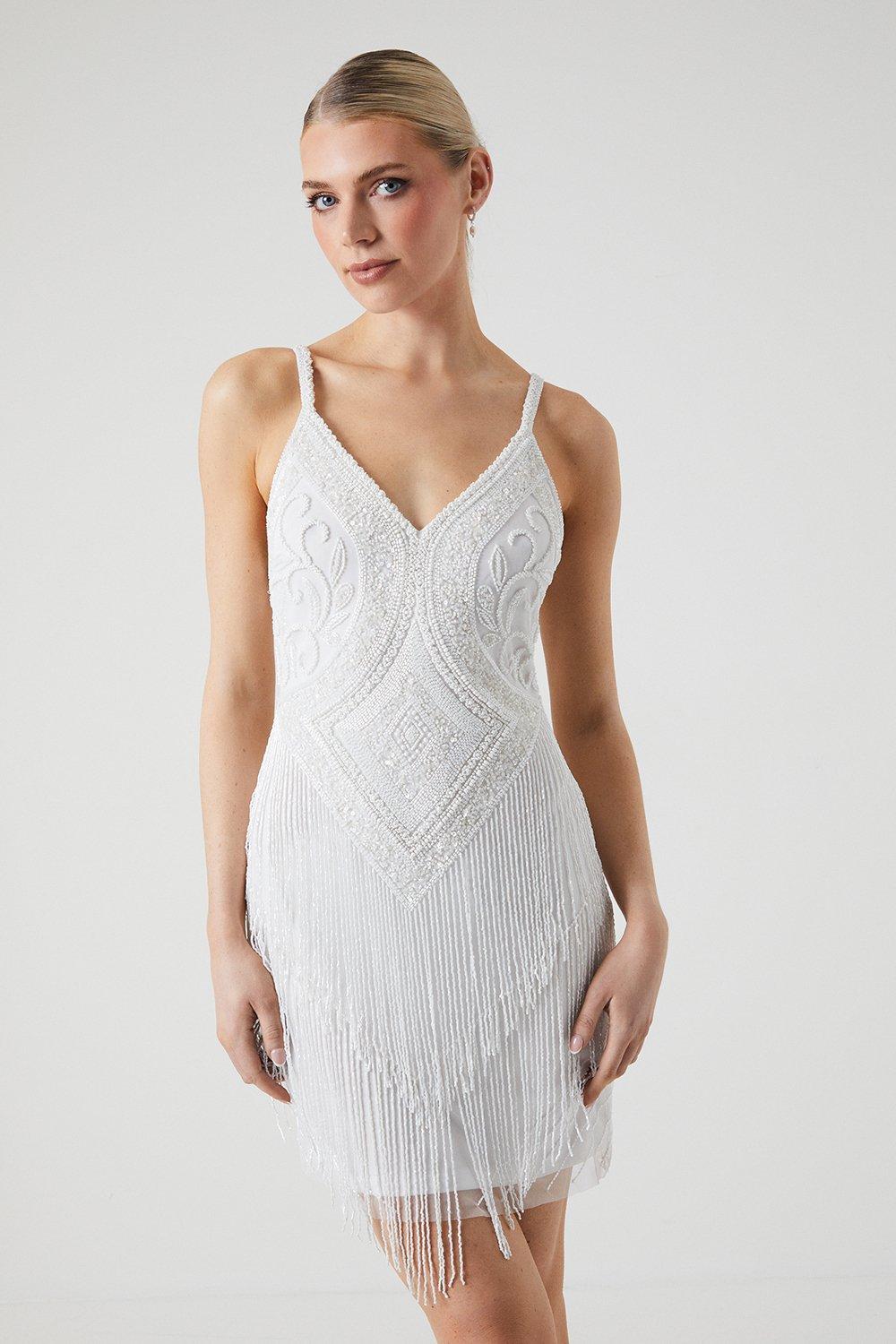 Premium Fringe And Beadwork Strappy Bridal Mini Dress - Ivory