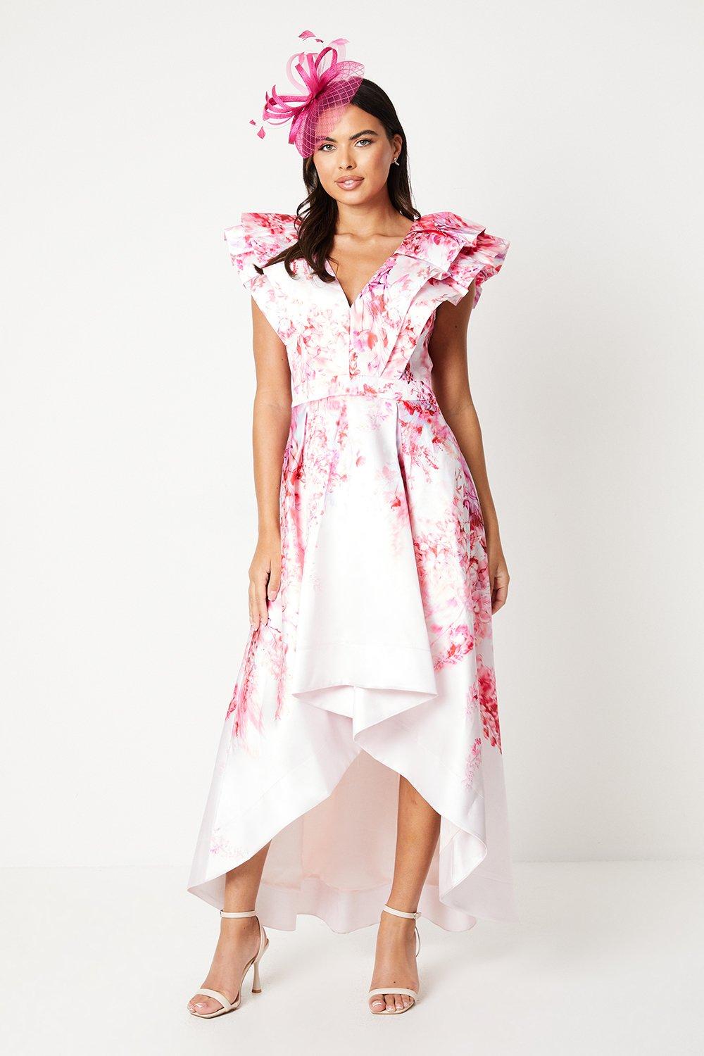 Frill Sleeve V Neck Printed Midi Dress - Pink