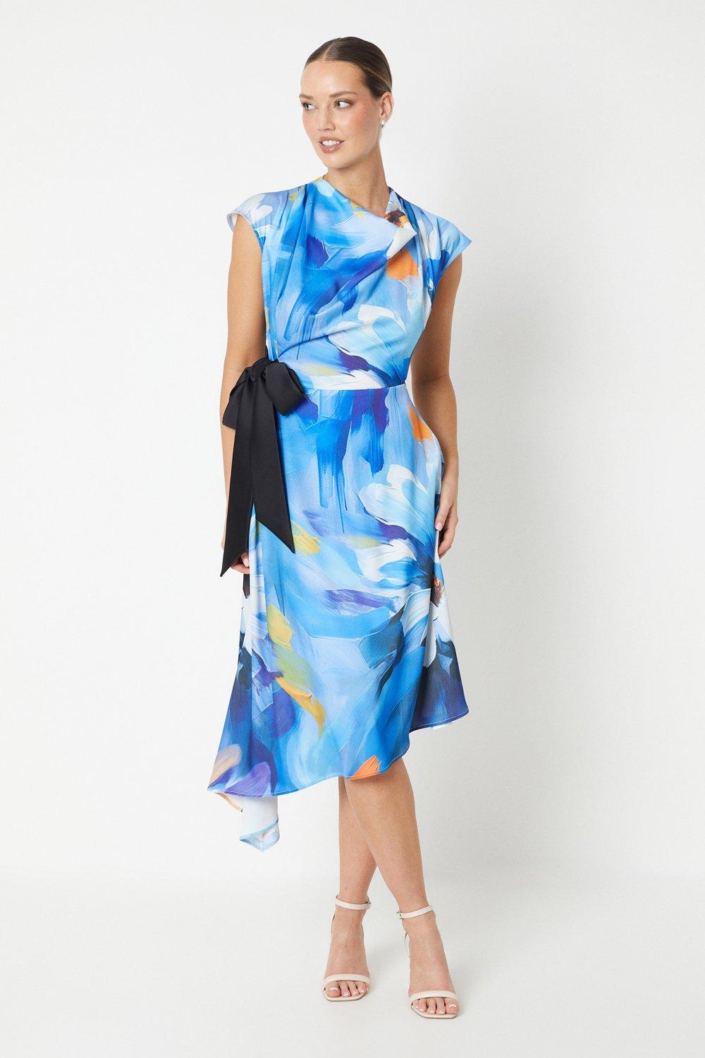 Printed Tie Side Satin Midi Dress - Blue