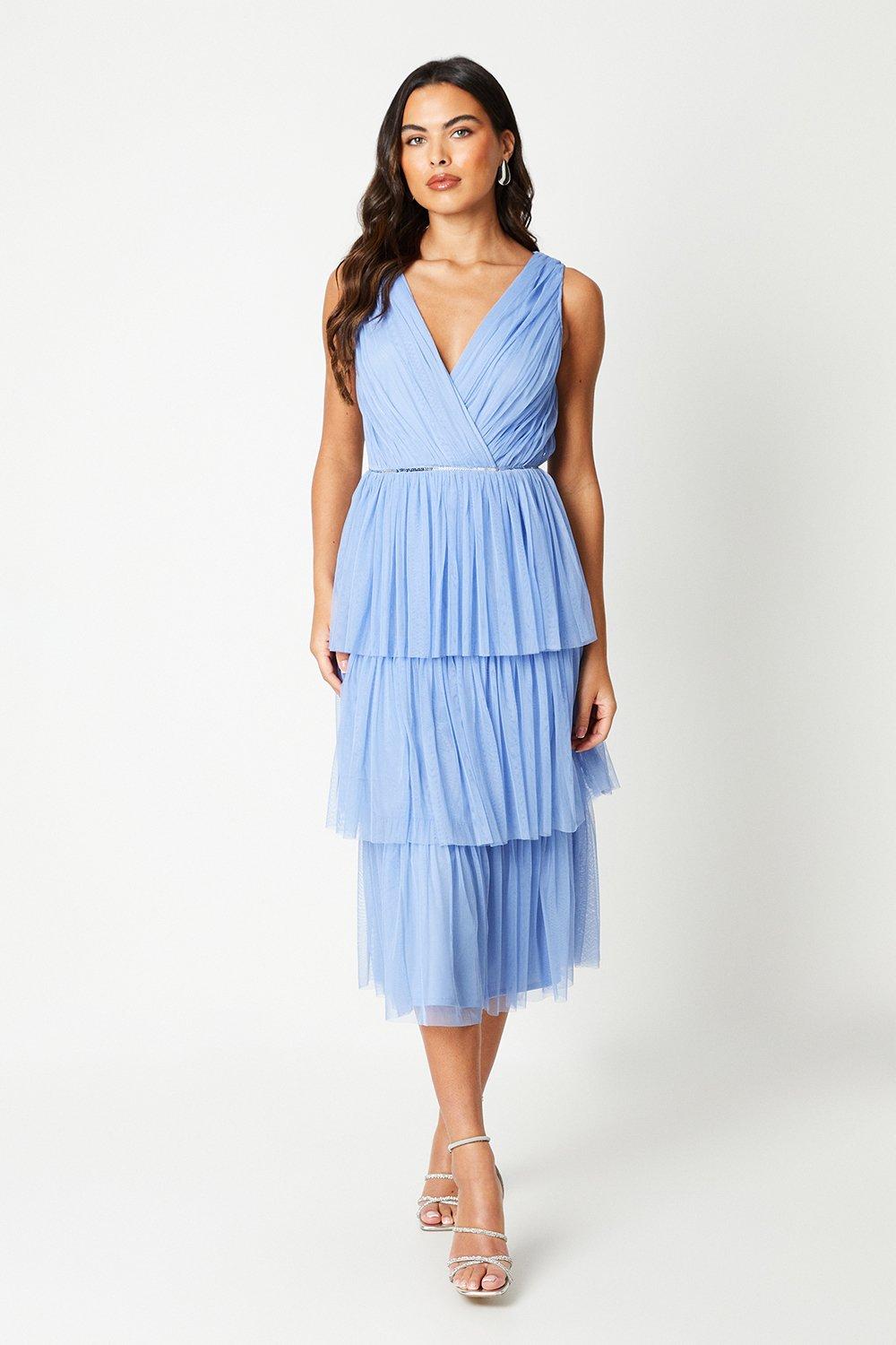 Wrap Front Tiered Mesh Midi Dress - Blue