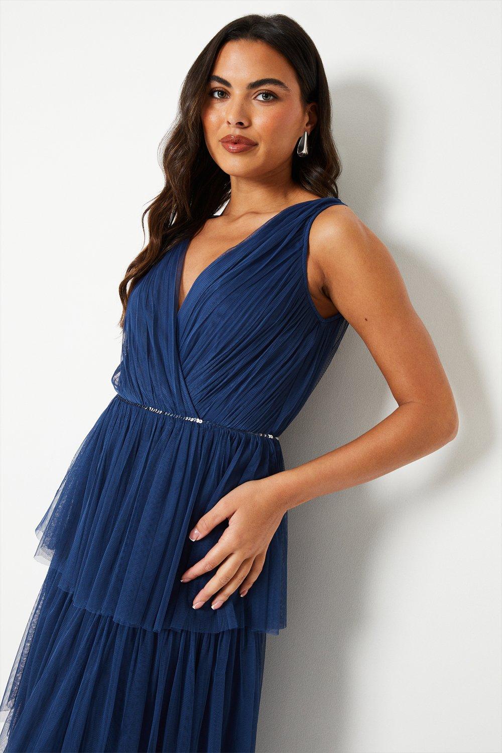 Wrap Front Tiered Mesh Midi Dress - Navy