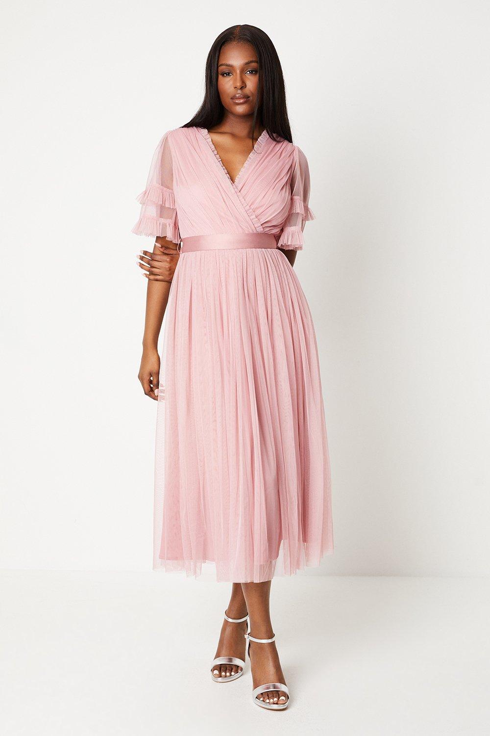 Short Sleeve Tiered Mesh Midi Dress - Pink