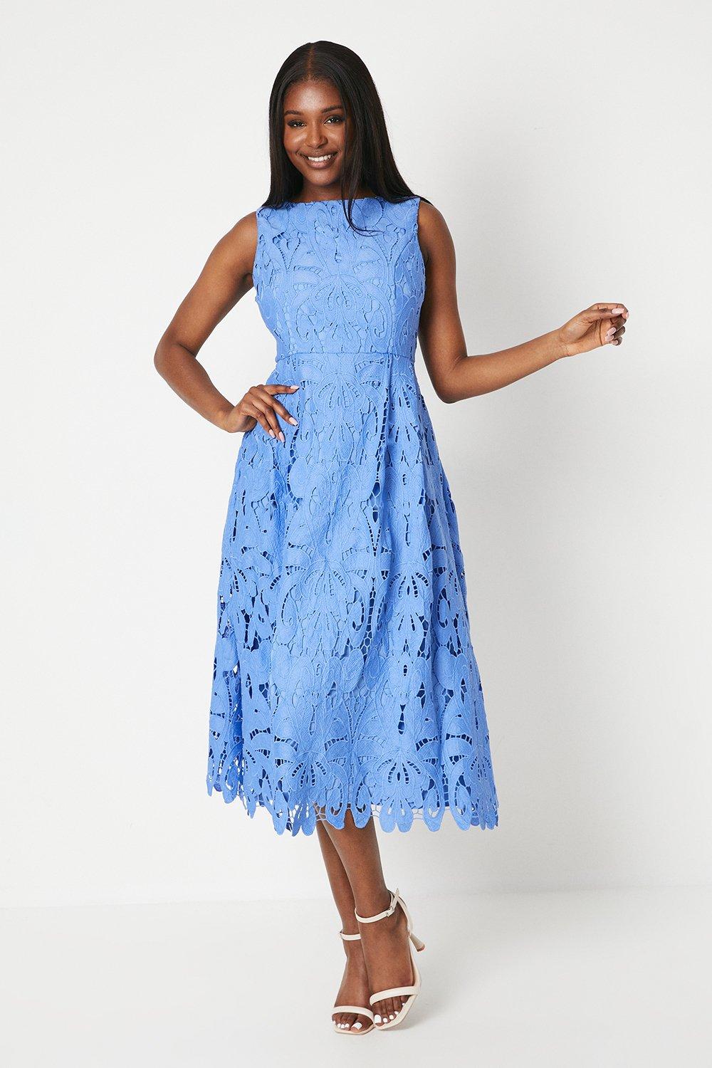 Lace Sleeveless Midi Dress - Blue