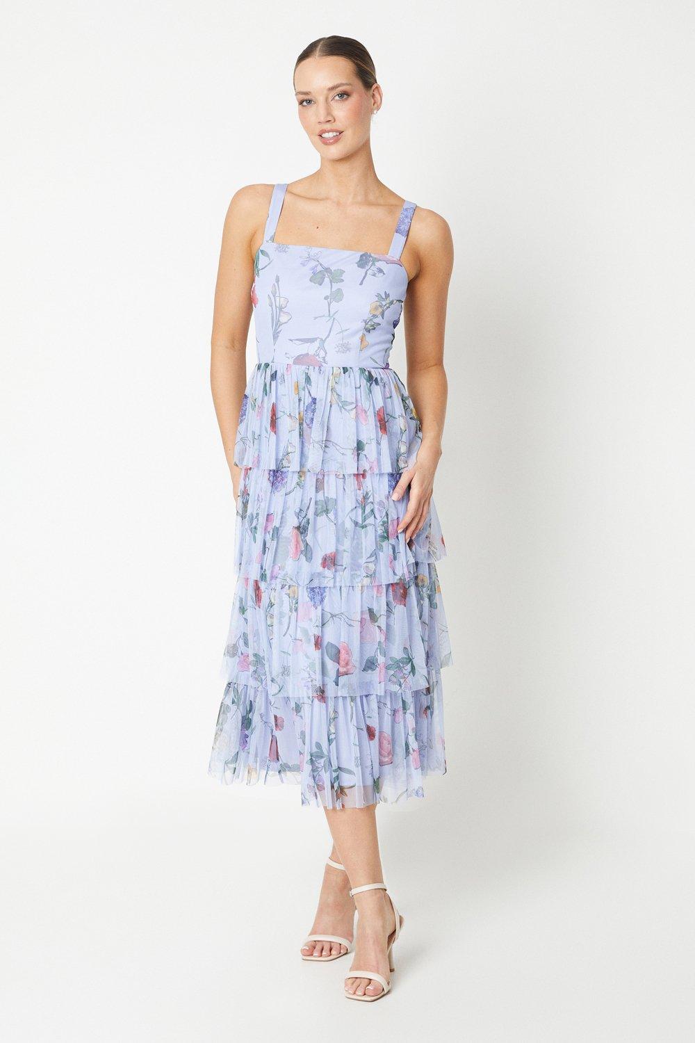 Printed Tiered Mesh Dress - Blue