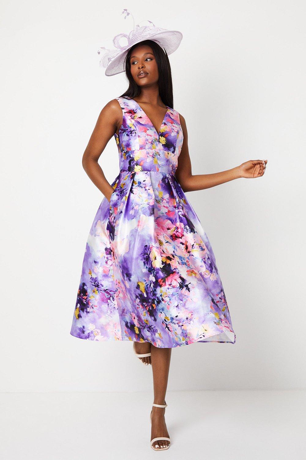 Floral Print Plunge Neck Midi Dress - Purple