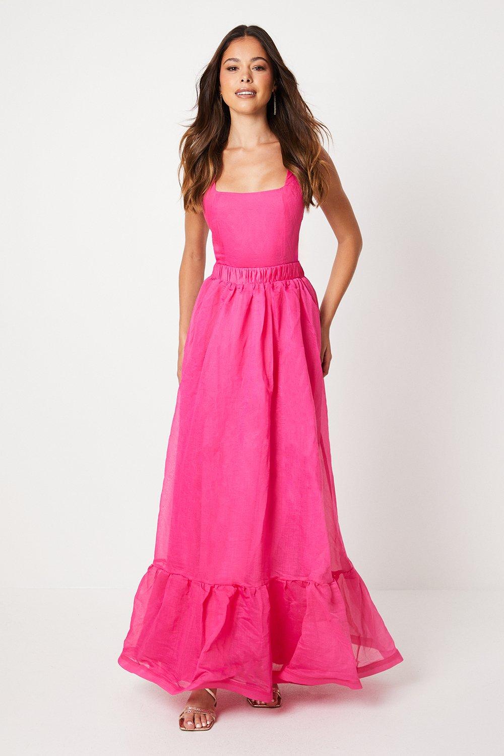 Square Neck Open Back Organza Midi Dress - Pink