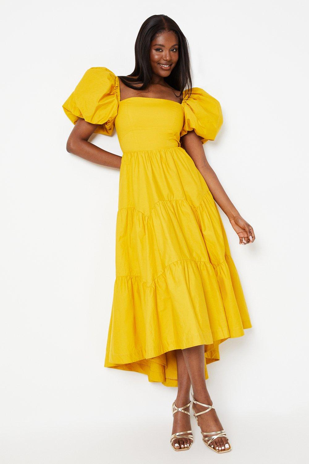 Puff Sleeve Tiered High Low Maxi Dress - Yellow