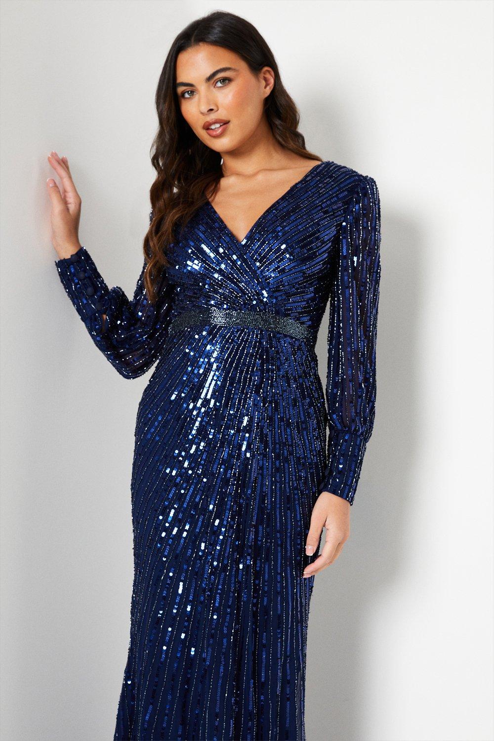 Sequin Cross Front Gown With Blouson Sleeve - Navy