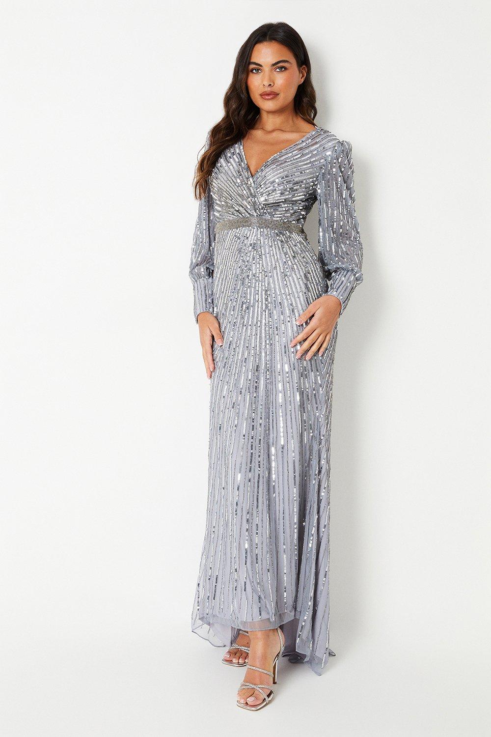 Sequin Cross Front Gown With Blouson Sleeve - Silver