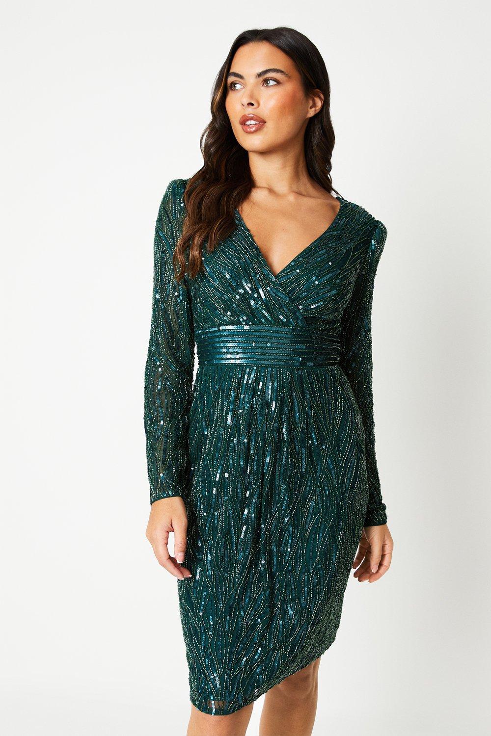 Sequin Cross Front Midi Dress - Green