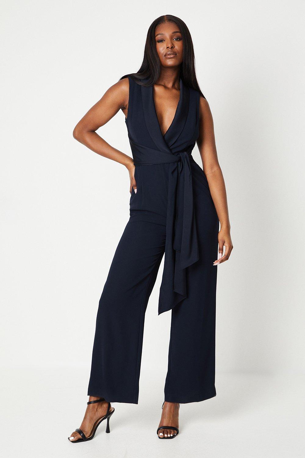 Satin Detail Wrap Bodice Tuxedo Jumpsuit - Navy