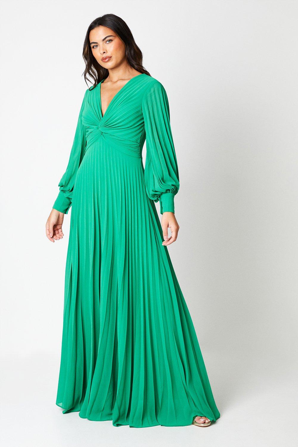 Pleated Chiffon Knotted Bodice Maxi Dress - Green