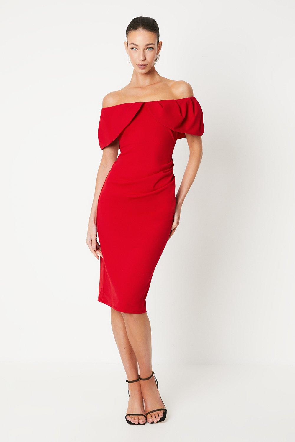 Bardot Midi Pencil Dress - Red