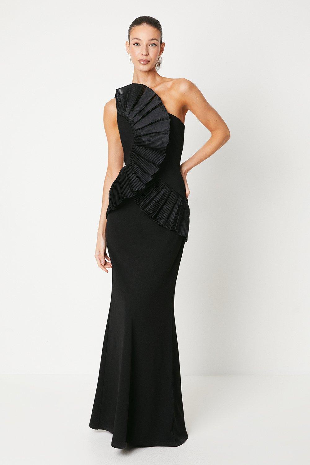 Pleated Front One Shoulder Gown - Black