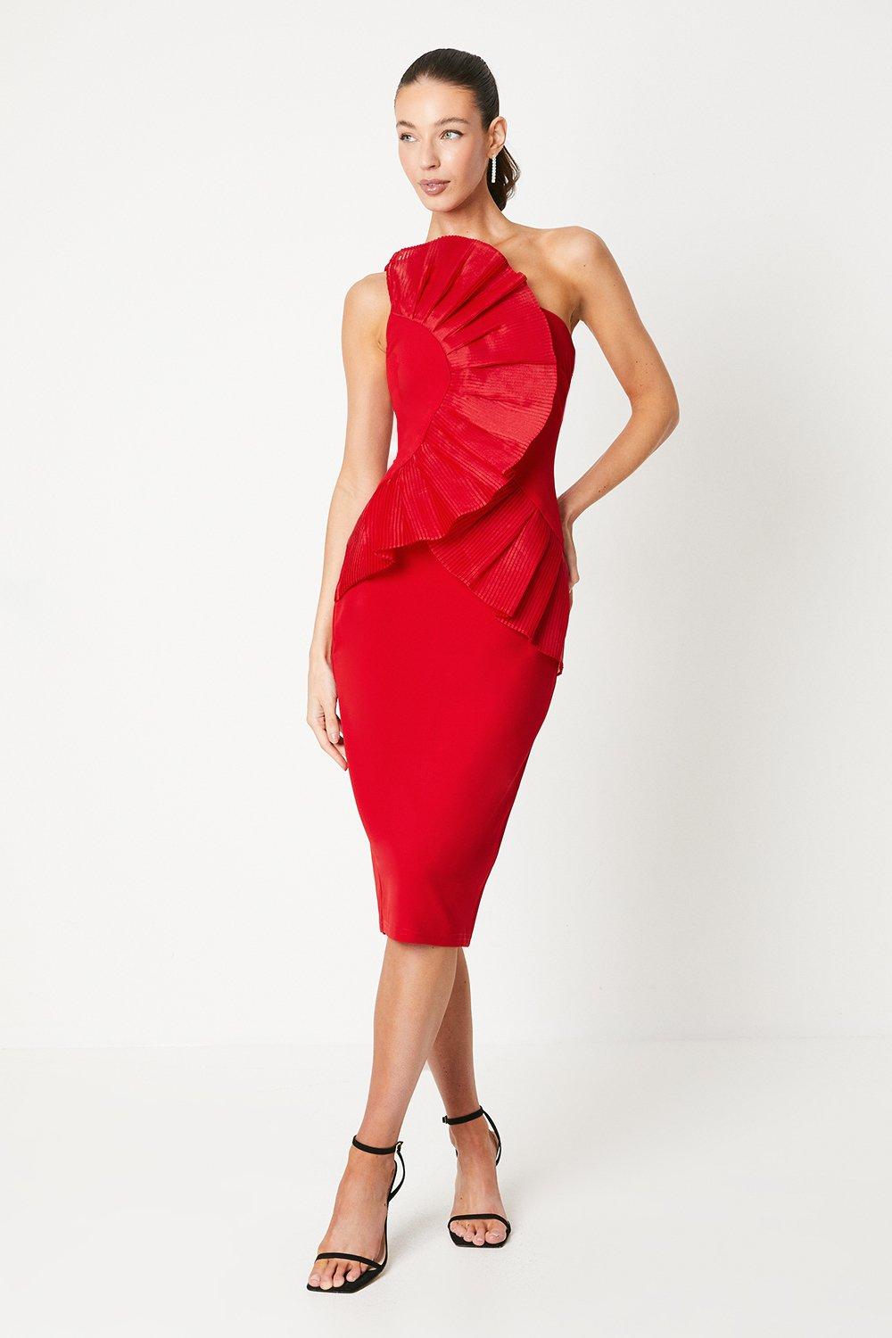 Pleated Front One Shoulder Midi Dress - Red