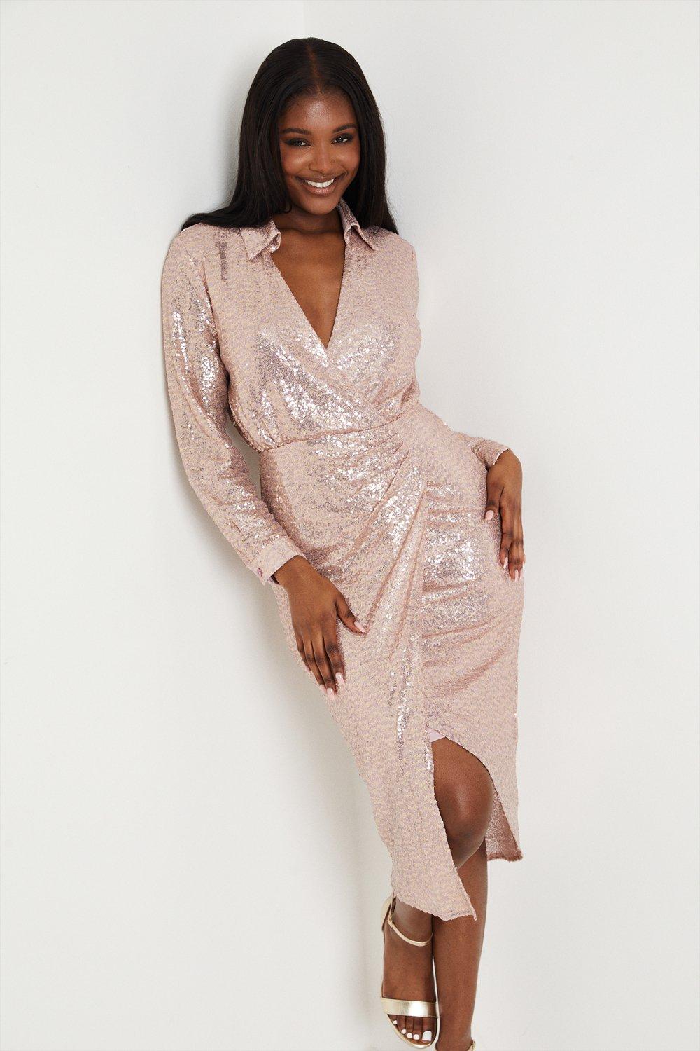 Sequin Wrap Front Dress - Champagne