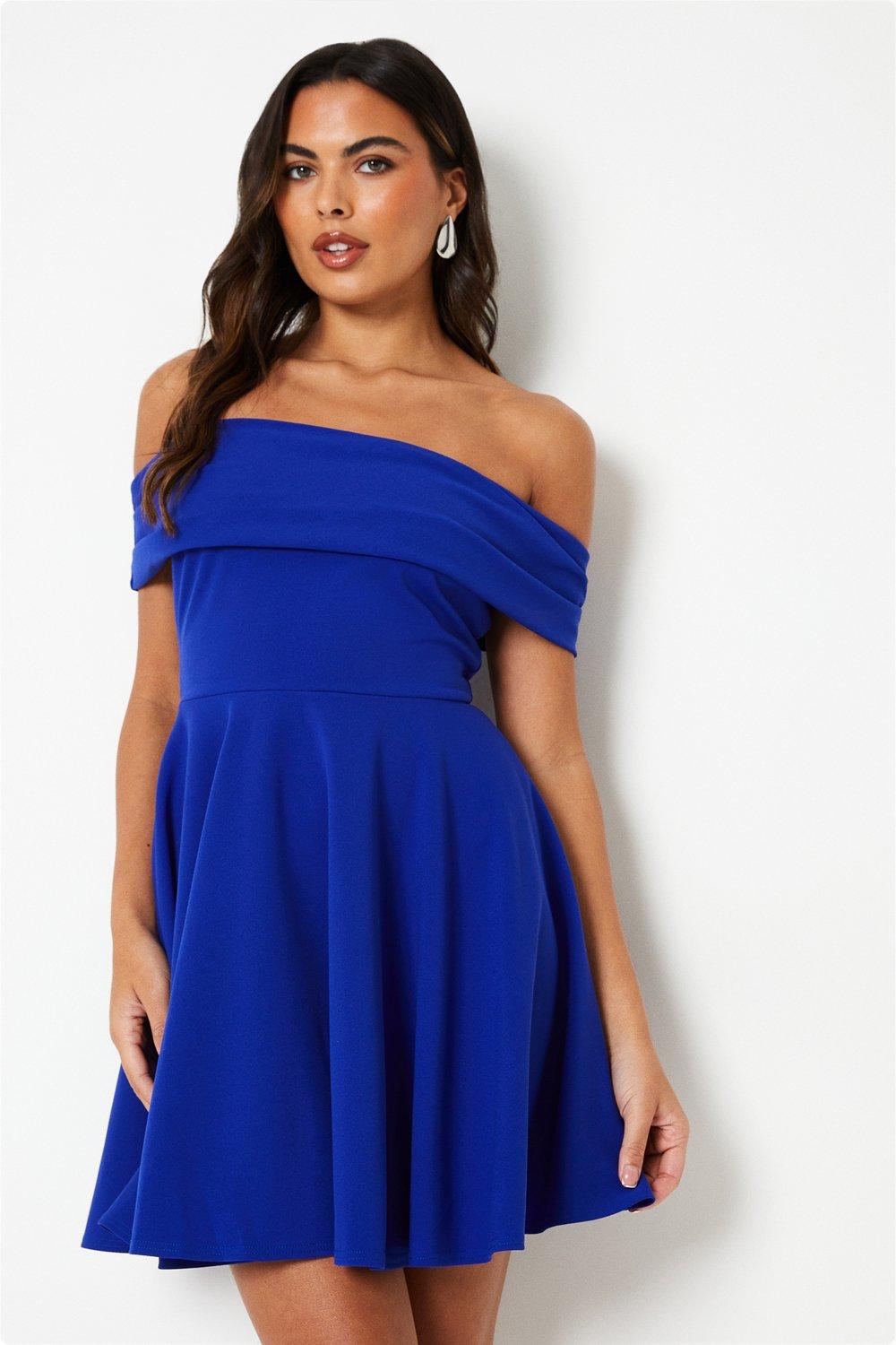 Scuba Bardot Mini Dress - Blue