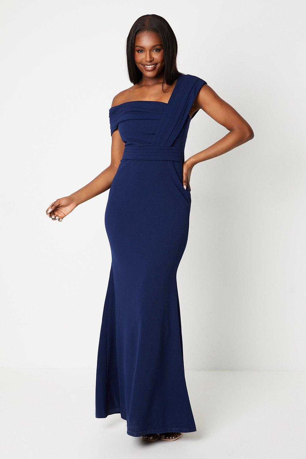 One Shoulder Bardot Gown - Navy