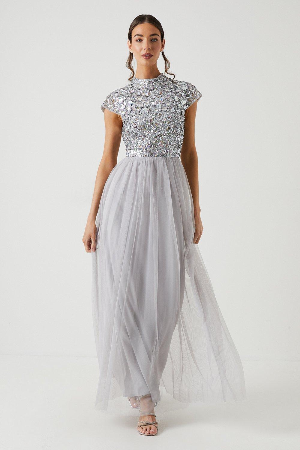 3d Floral Embellished Bridesmaid Maxi Dress - Grey Mist