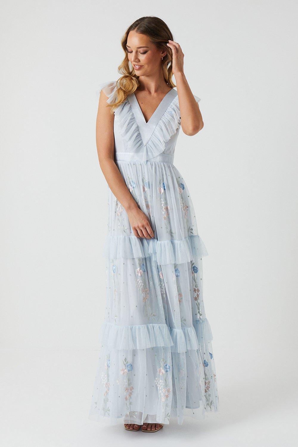 Spring Floral Tiered Mesh Bridesmaid Dress - Ice Blue