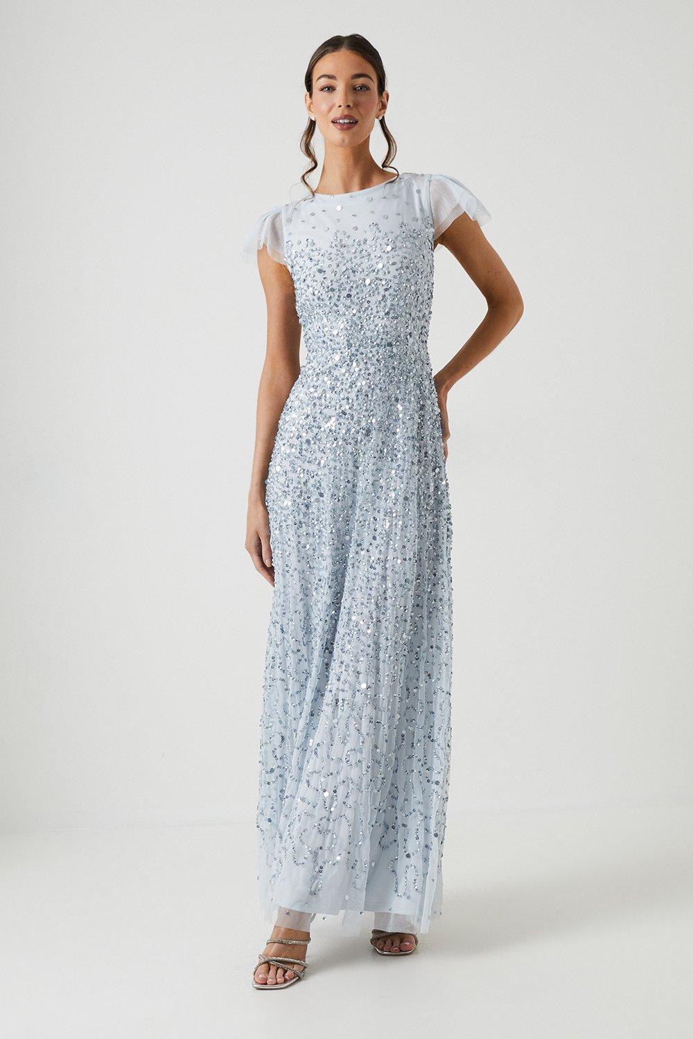 Ombre Sequin Mesh Bridesmaid Dress - Ice Blue