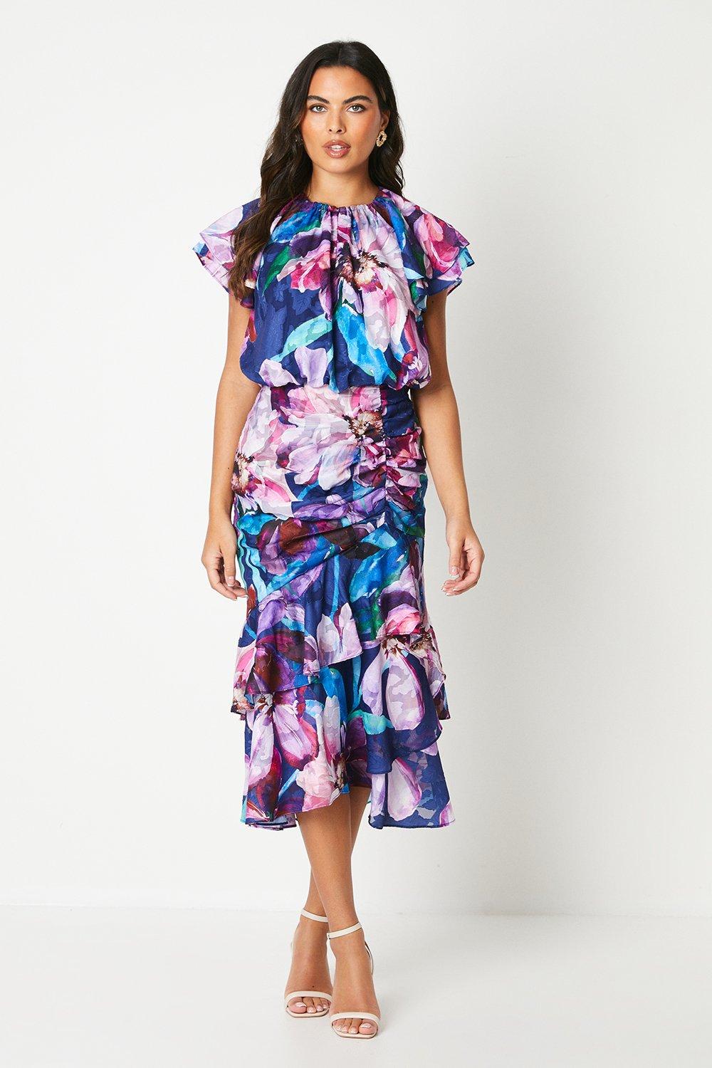 Georgette Jacquard Midi Dress With Ruched Skirt - Navy