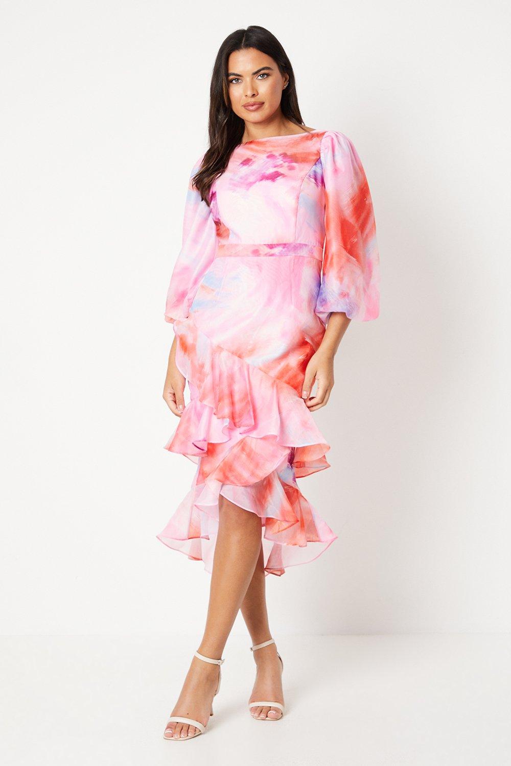 Organza Ruffle Tier Midi Dress - Pink