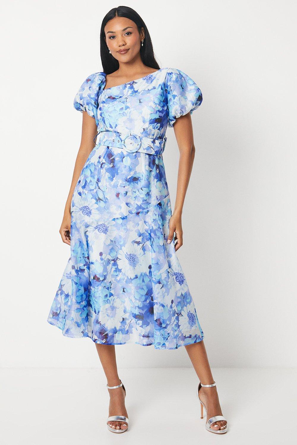 Organza Asymmetric Neck Puff Sleeve Midi Dress - Blue