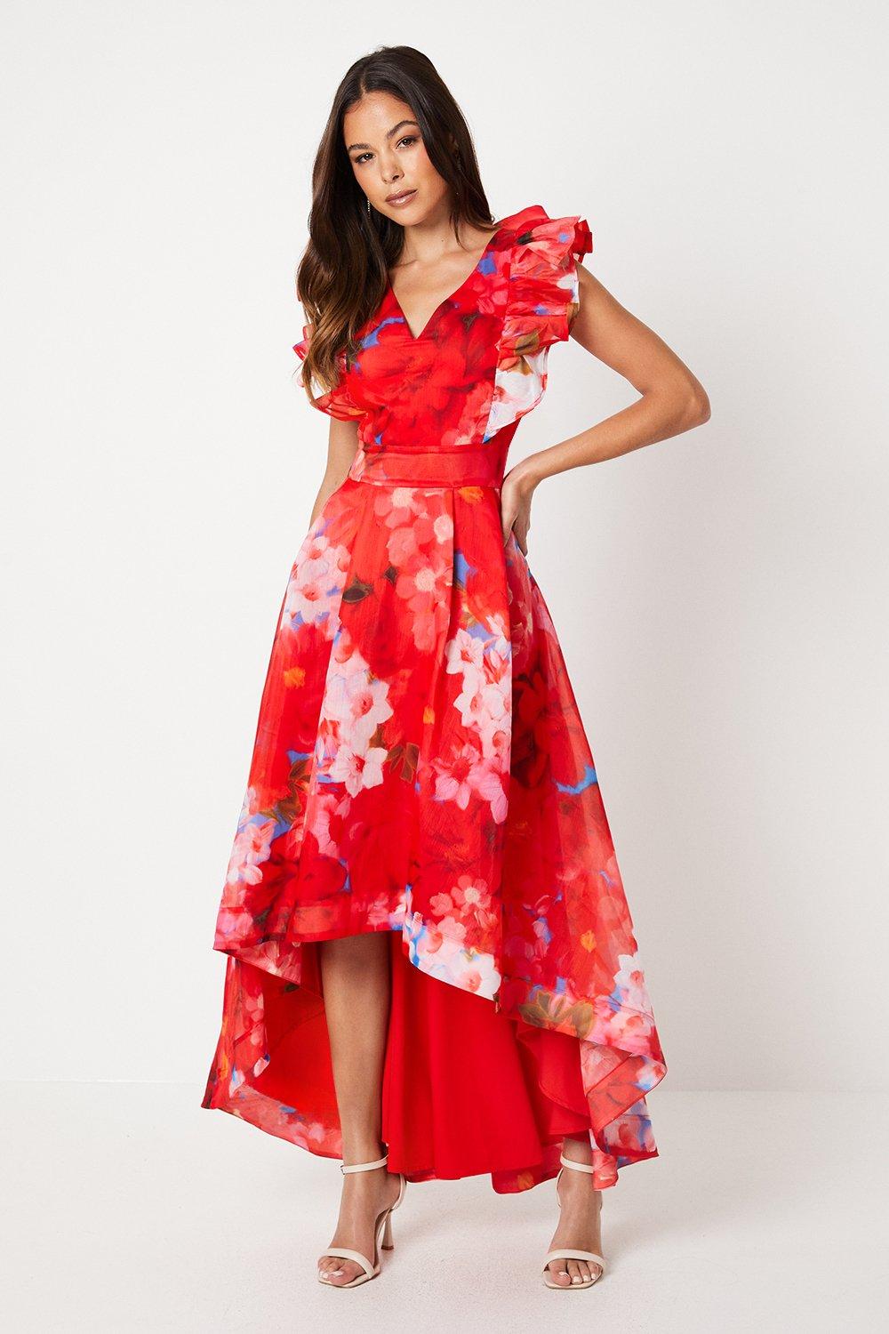 Printed Organza Frill Detail High Low Midi Dress - Red