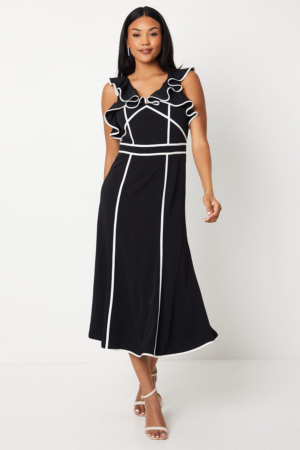 Frill Shoulder Detail Crepe Midi Dress With Tipping - Black