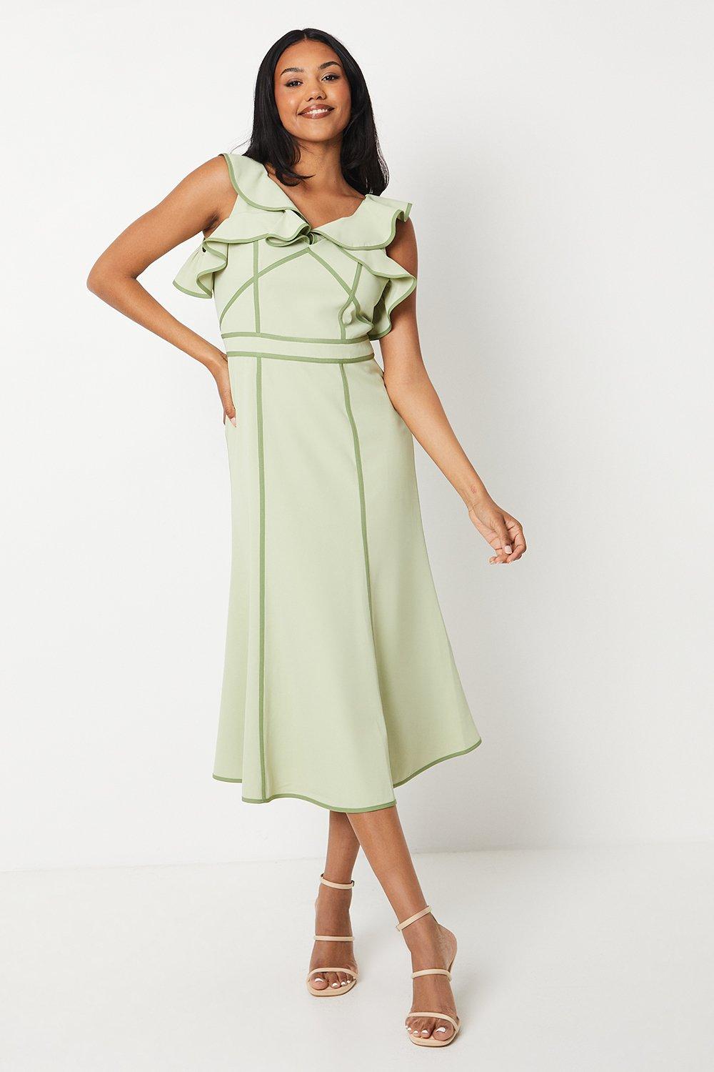 Frill Shoulder Detail Crepe Midi Dress With Tipping - Sage