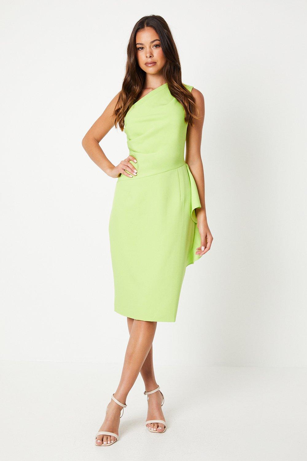 One Shoulder Pleat Bodice Pencil Dress - Green