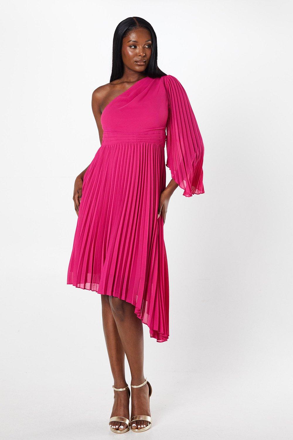 One Shoulder Asymmetric Skirt Pleated Georgette Midi Dress - Pink