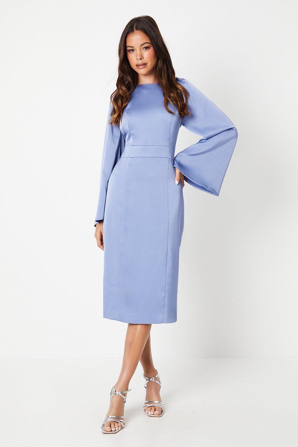 Long Sleeve Satin Shift Dress - Dusty Blue