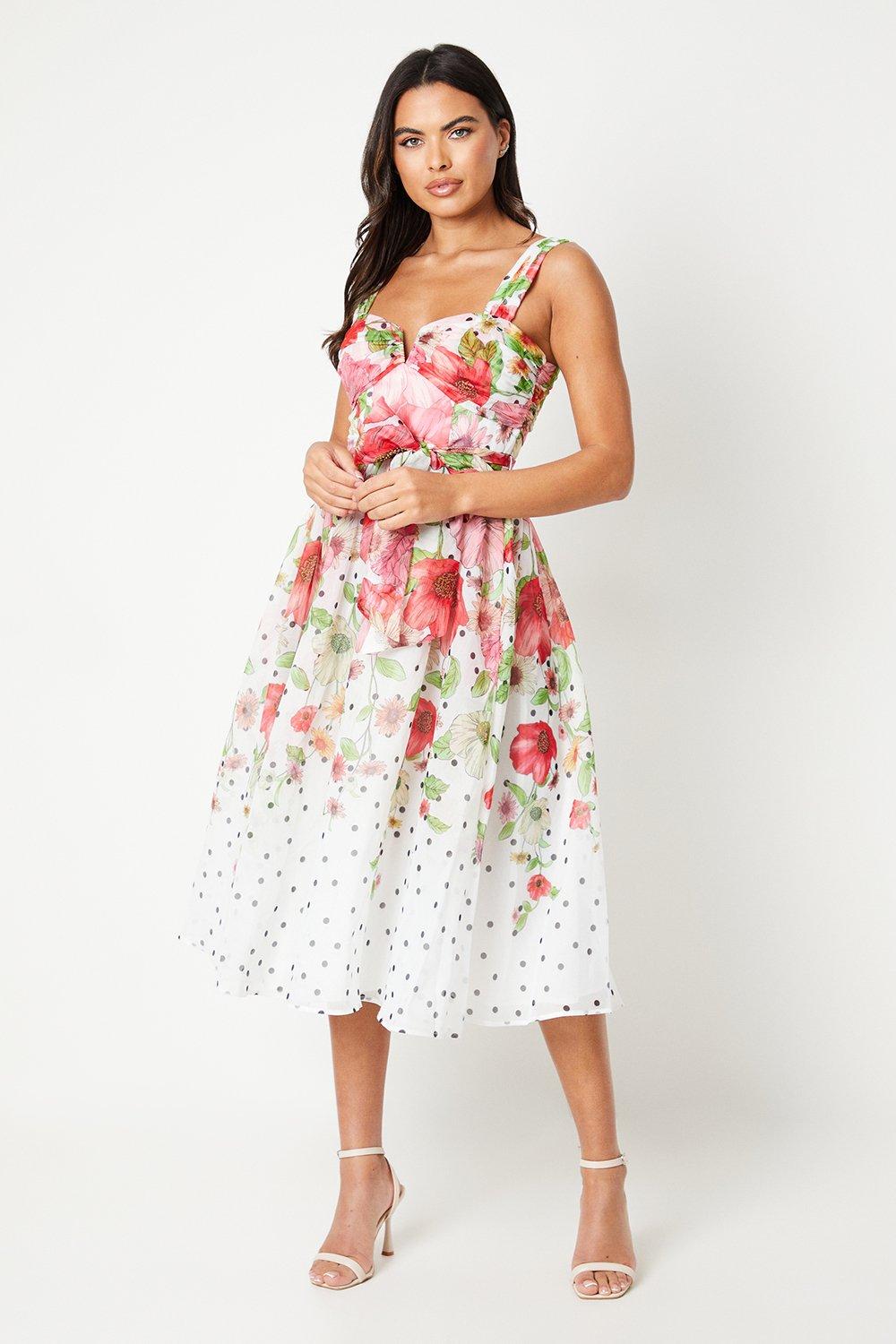 Organza Floral Placement Notch Neck Midi Dress - Ivory