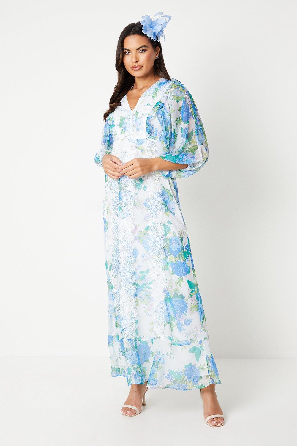 Printed Lace Trim Maxi Dress - Blue