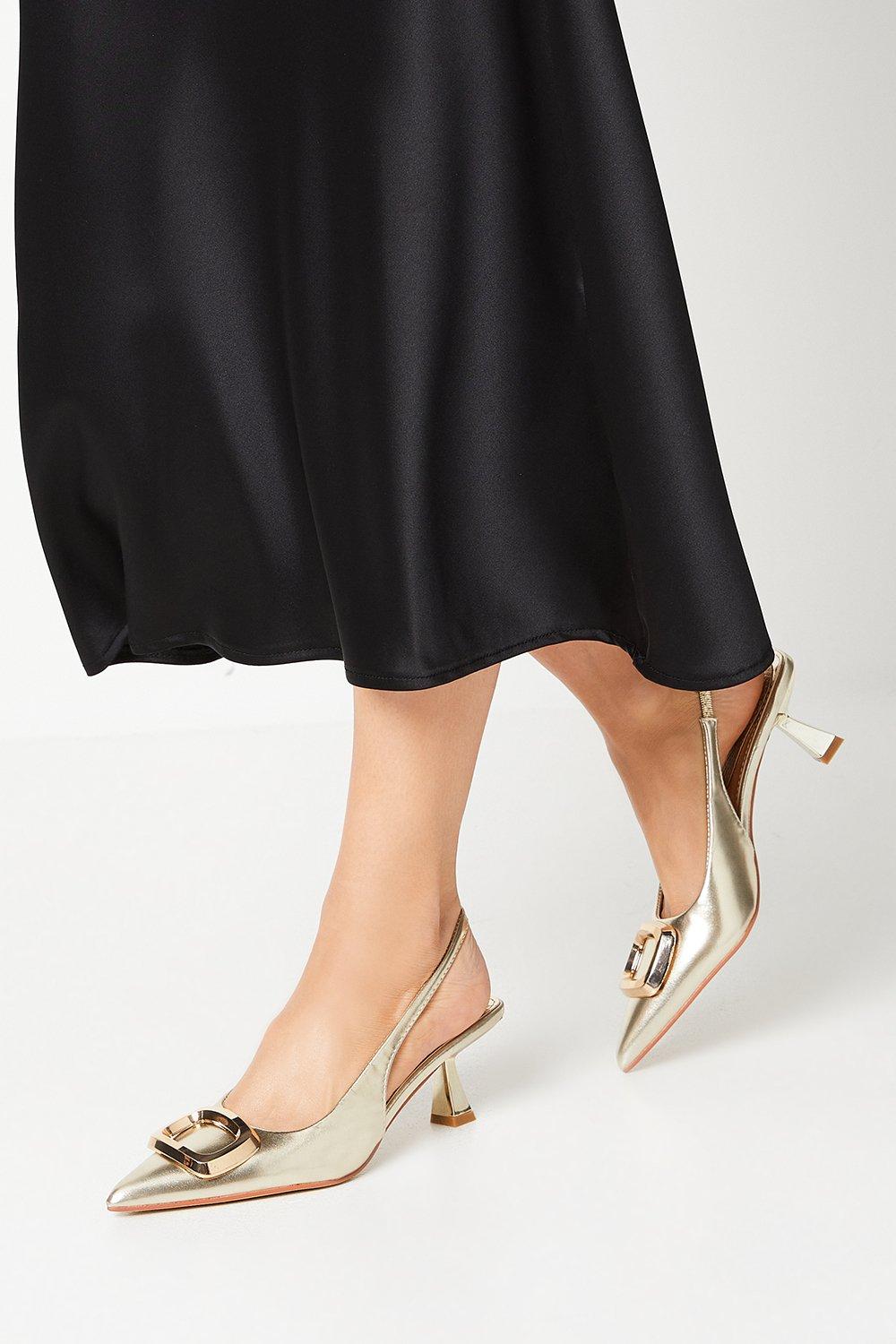 Sugar Brooch Detail Pointed Singback Stiletto Heeled Court Shoes - Gold