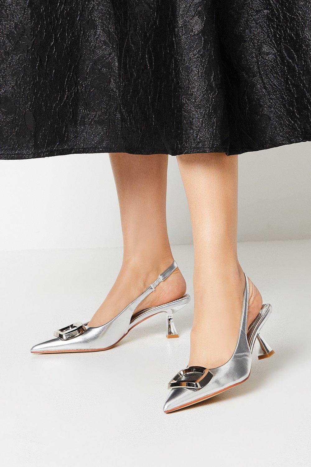 Sugar Brooch Detail Pointed Singback Stiletto Heeled Court Shoes - Silver