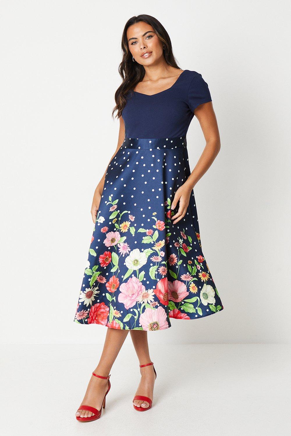 Ponte Top Printed Skirt Midi Dress - Navy