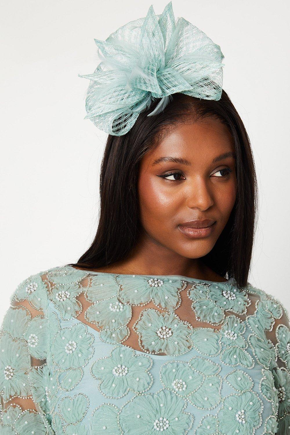 Open Weave Bow And Feather Fascinator - Sage